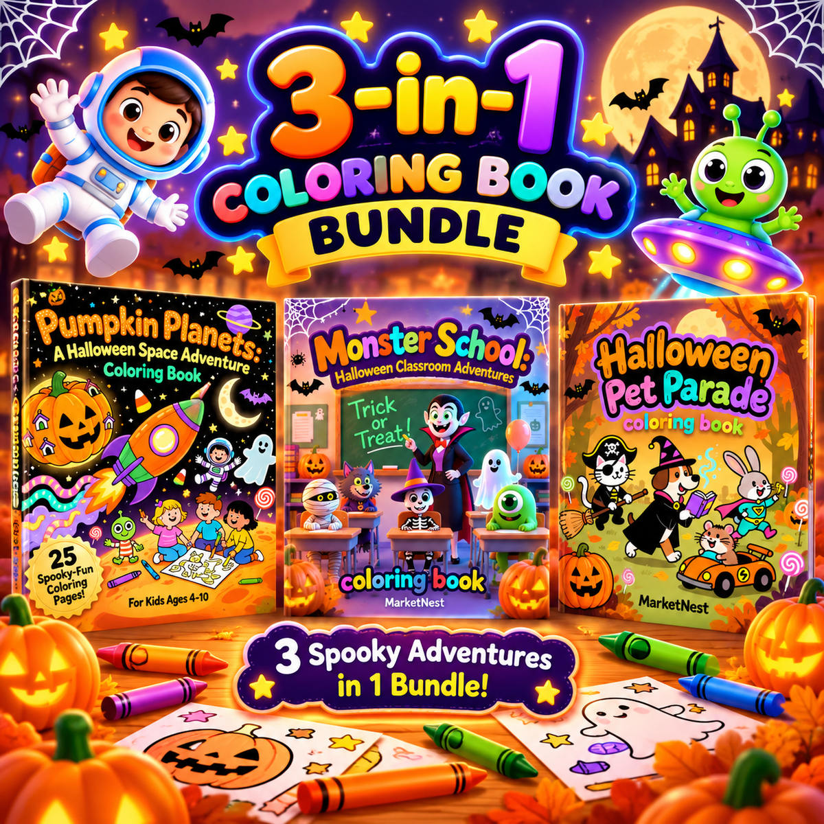 3-in-1 Halloween Coloring Book Bundle (Printable PDF Edition) — 70+ Spooky-Fun Pages!