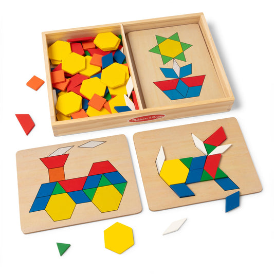 Melissa & Doug Wooden Pattern Blocks Set: 120 Shape Tiles + 5 Double-Sided Pattern Boards